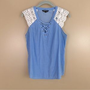 Express Blue Striped Crochet Lace Cap Sleeve Lace Up V-Neck Top Small Boho